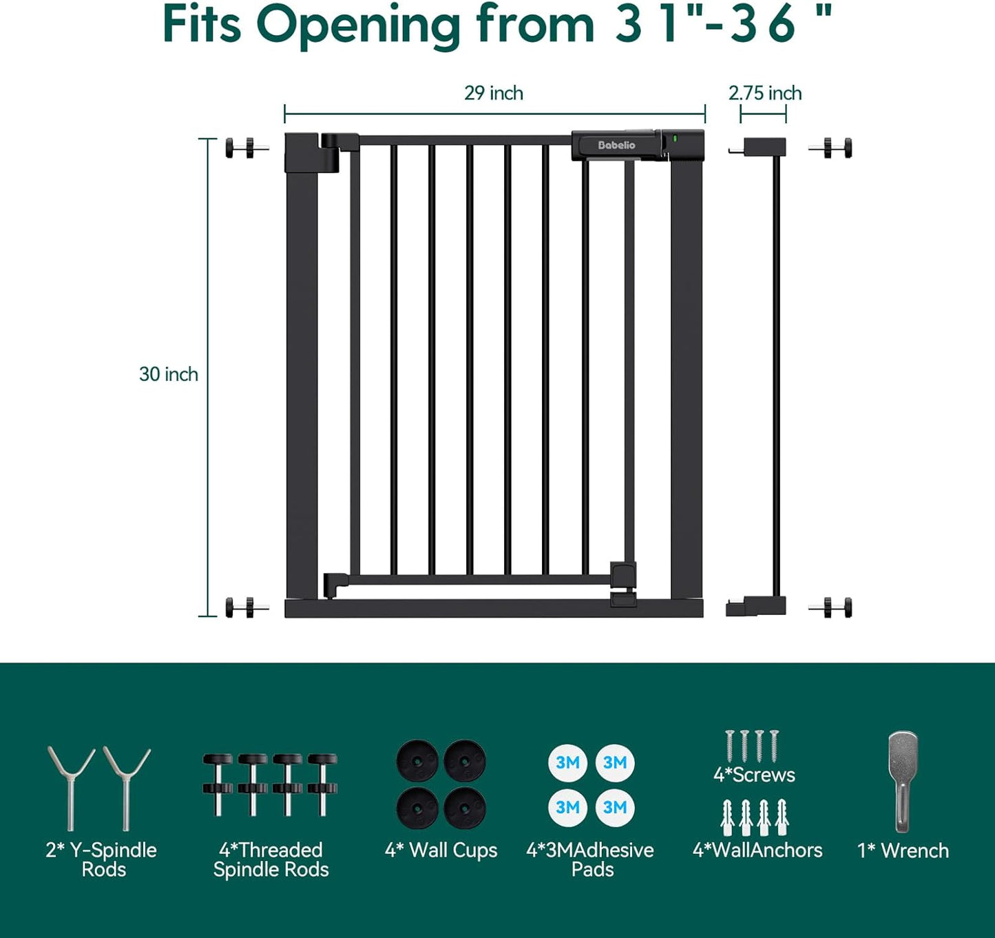 BABELIO Baby Gate for Doorways and Stairs, 31-36" Pet Gate with Wide Walk Thru Door and Lock Indicator, No Drill Pressure Mounted Safety Gate with Double Lock and Self-Closing, Black