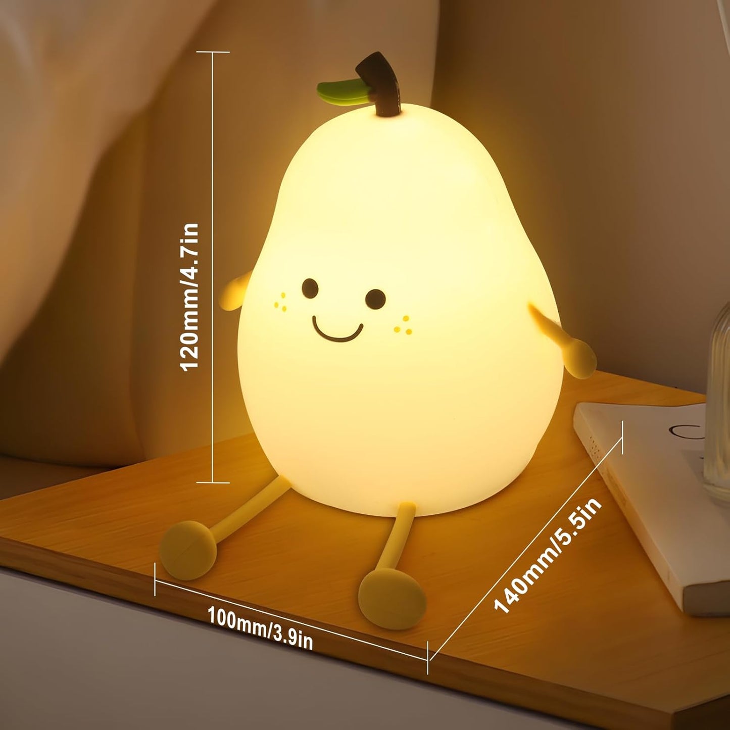 Night Light for Kids, 7 Color Changing BPA-Free Silicone Lamp with Touch Control, Eye Protection, Rechargeable Battery, Soft & Safe Nursery Lamp for Boys & Girls (Pear)