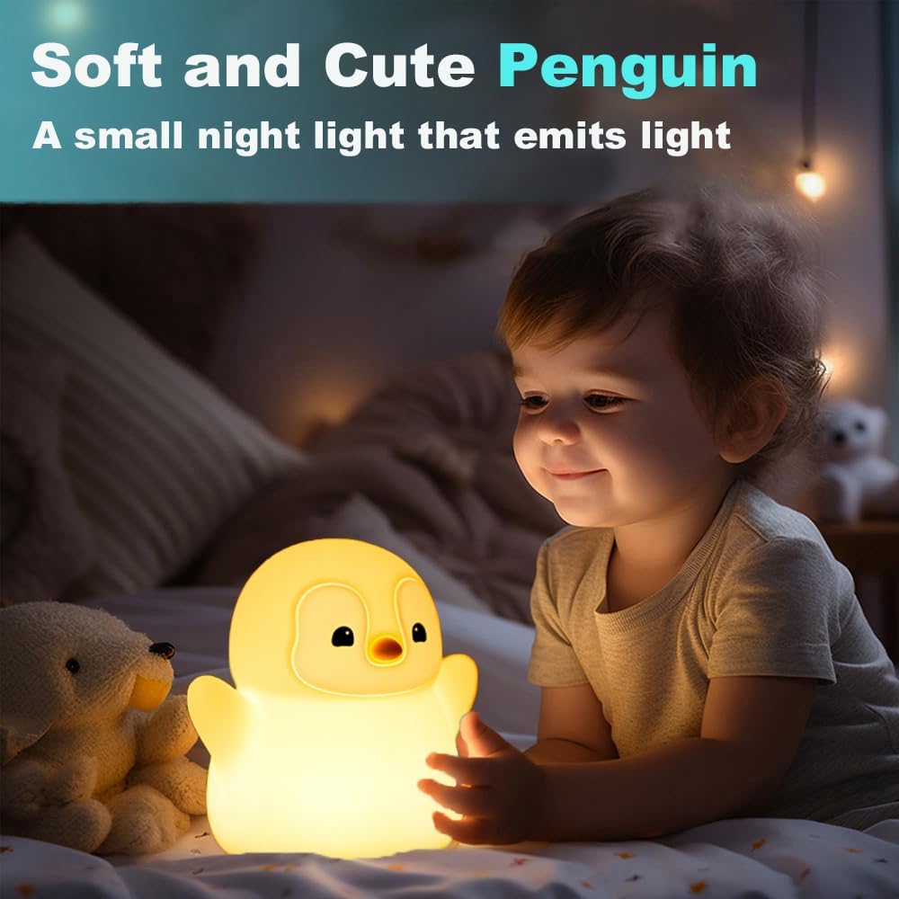 Cute Penguin Night Light for Kids Bedroom, Animal Silicone Nursery Night Lamp Touch Control Nightlights USB Rechargeable Bedside Lamp for Baby Children Toddlers Girls Gift