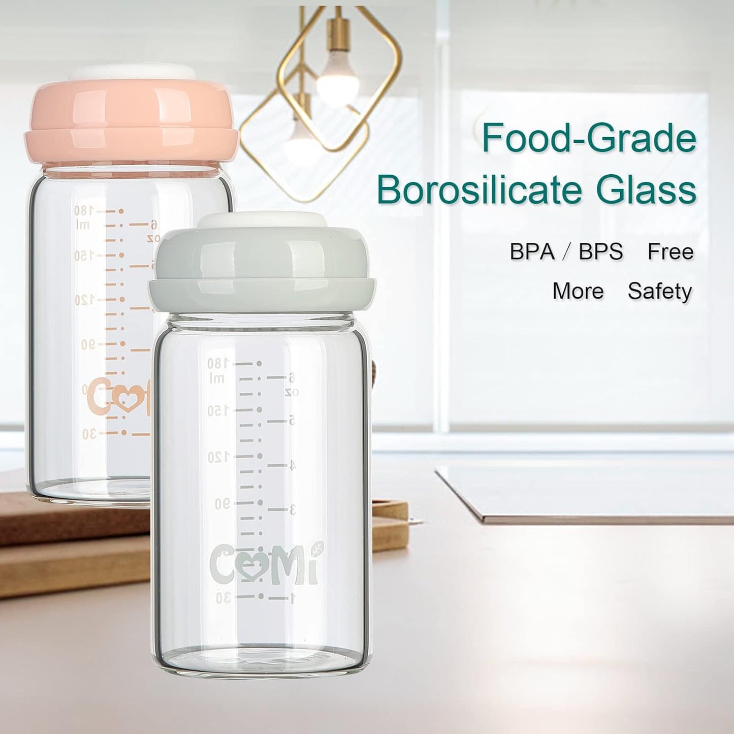 COMI Wide Neck Glass Breastmilk Collection n Storage Bottle, 6oz with Screw Ring Sealing Disk; Re-markable Sealing Disc. BPA Free, Fits Breast Pumps & Nipples (Gray Lids)