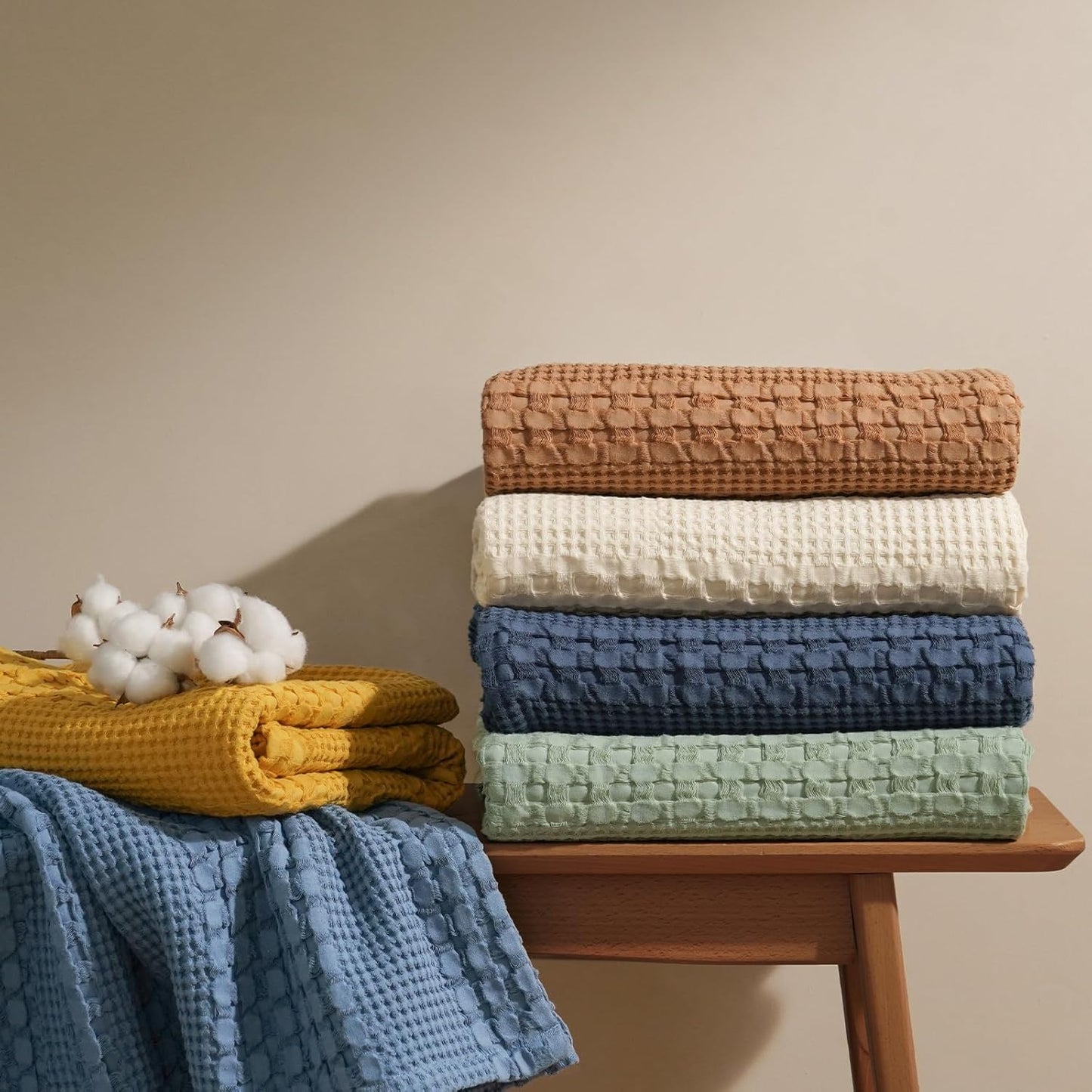 PHF 100% Cotton Waffle Weave Blanket Queen Size, Soft Lightweight Breathable Cozy Summer Blankets for Bed, Luxury Aesthetic Woven Bedding for Home Decor, 90"x90", Oatmeal