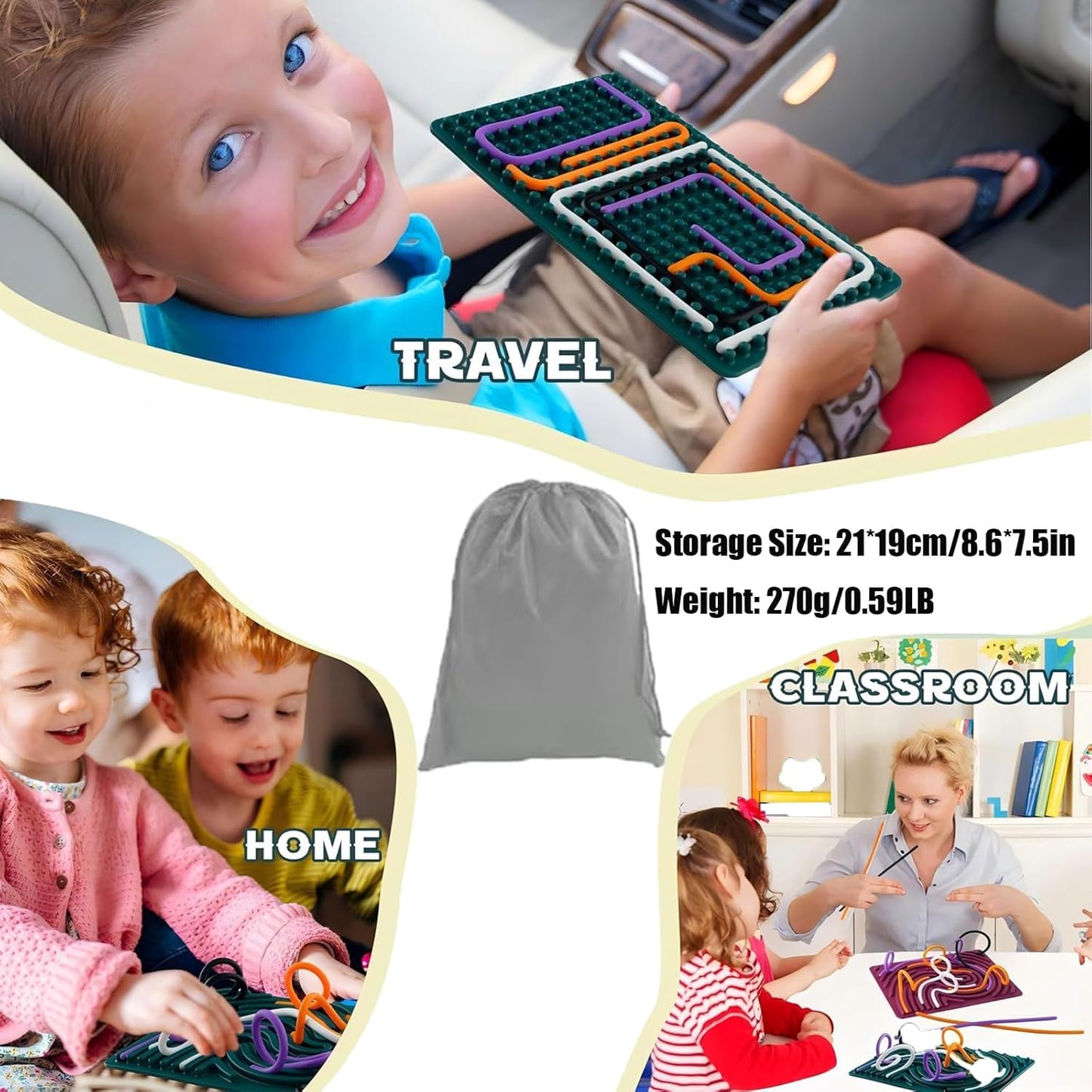 Sensory Activity Board, Silicone Fidget Toy Silent, No Mess for Calming/Stress/Anxiety/ADHD & Autism Kids & Adults, Travel Sensory Activity Board with Portable Storage Bag & 20 Strings