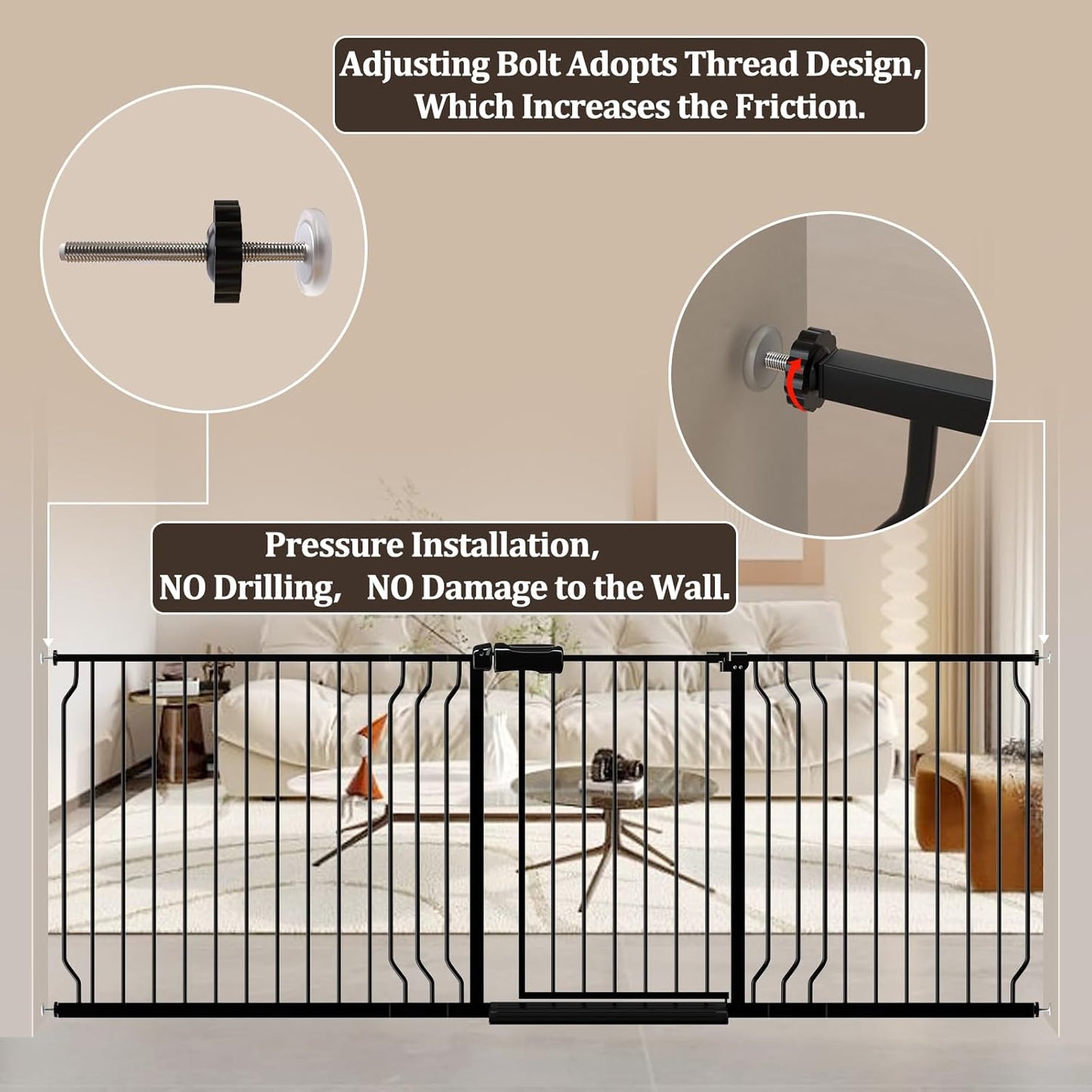 WAOWAO Baby Gate 85.83-95.24" Extra Wide Pressure Mounted Walk Through Swing Auto Close Safety Black Metal Toddler Kids Child Dog Pet Puppy for Stairs,Doorways,Kitchen