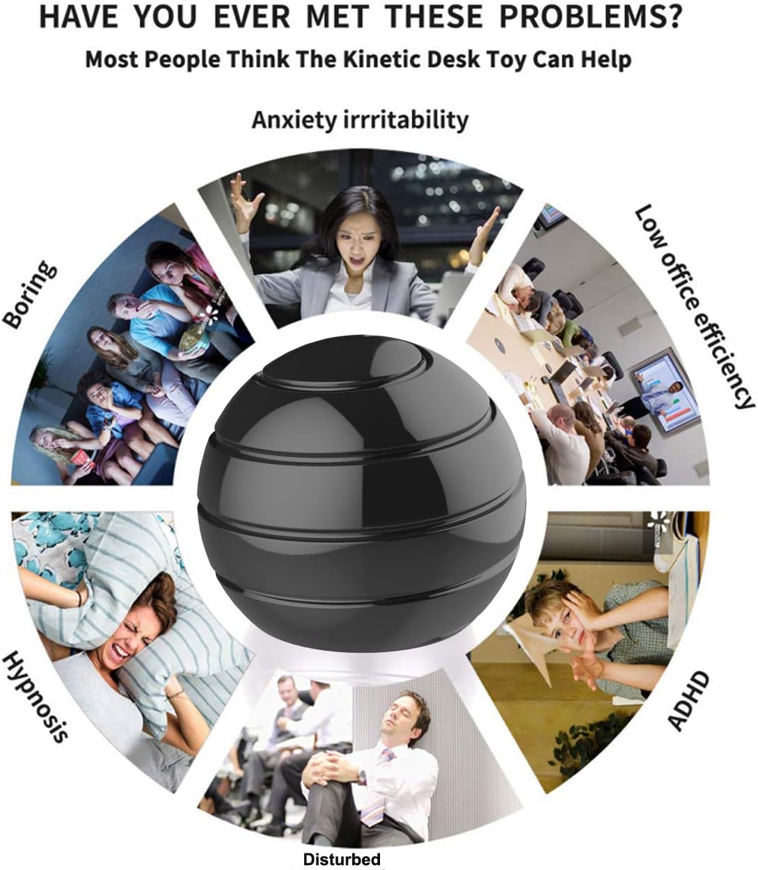 Kinetic Desk Toys for Anxiety, 1.77'' Full Body Optical Illusion Fidget Spinner, Office Fidget Spinning Toys Set for Adult ADHD, Fidget Toys for Adults Kids (45MM, Black)