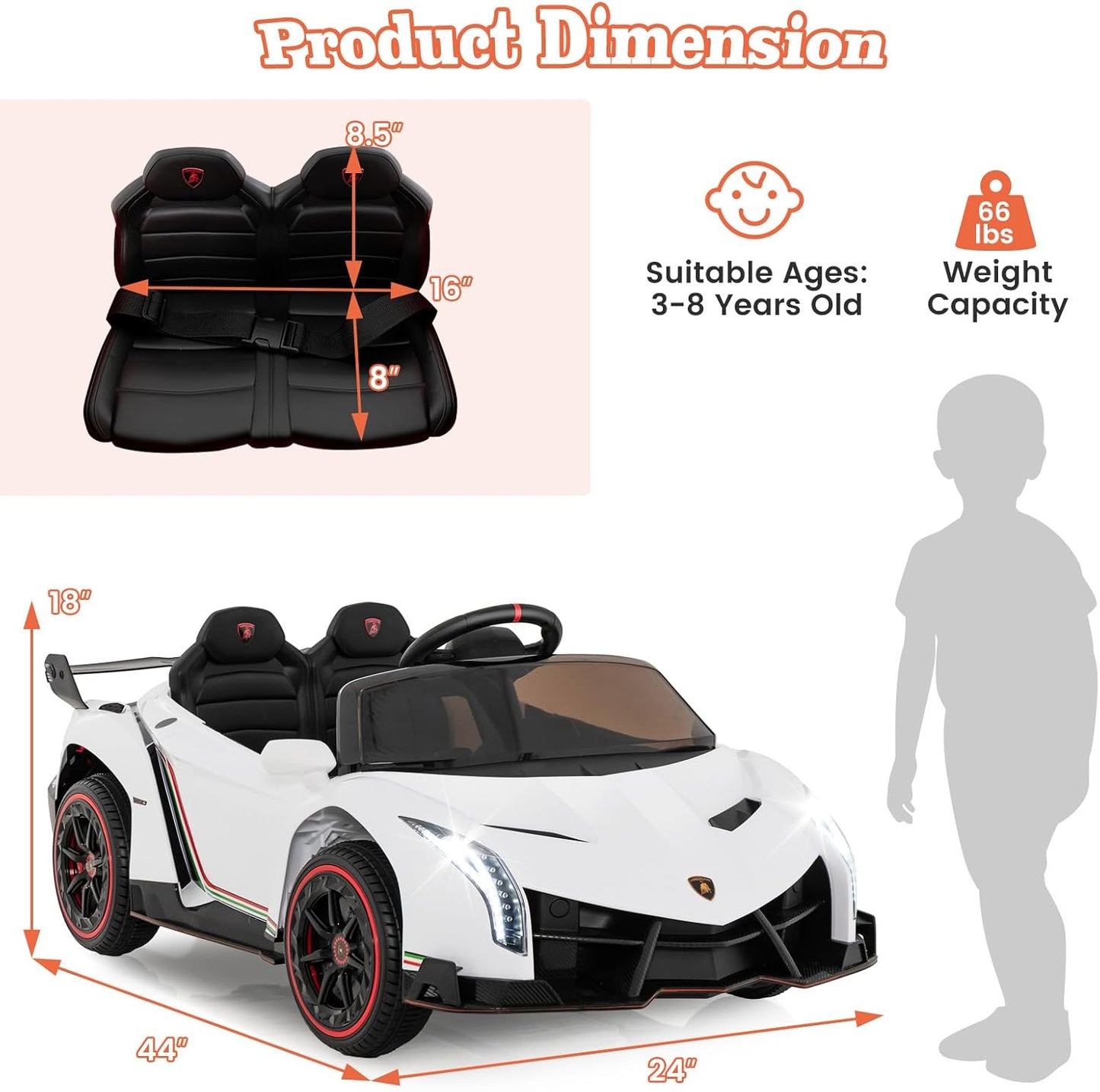 Costzon Ride on Car, Lamborghini Licensed 12V Battery Powered 4WD Sports Car with Remote Control, 3 Speeds, Hydraulic Doors, LED Lights, Towing Wheel, Horn, Music, Electric Vehicle for Kids Aged 3-8