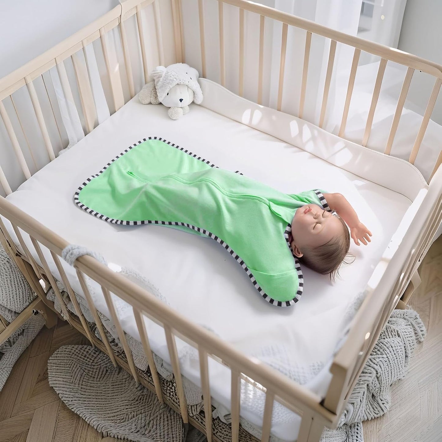 Transition Swaddle, 2 Pack 100% Cotton Baby Sleep Sack, 2-Way Zipper Infant Arm Up Swaddle for Newborn Baby Boys Girls (Green + Grey, S(0-3 Months))