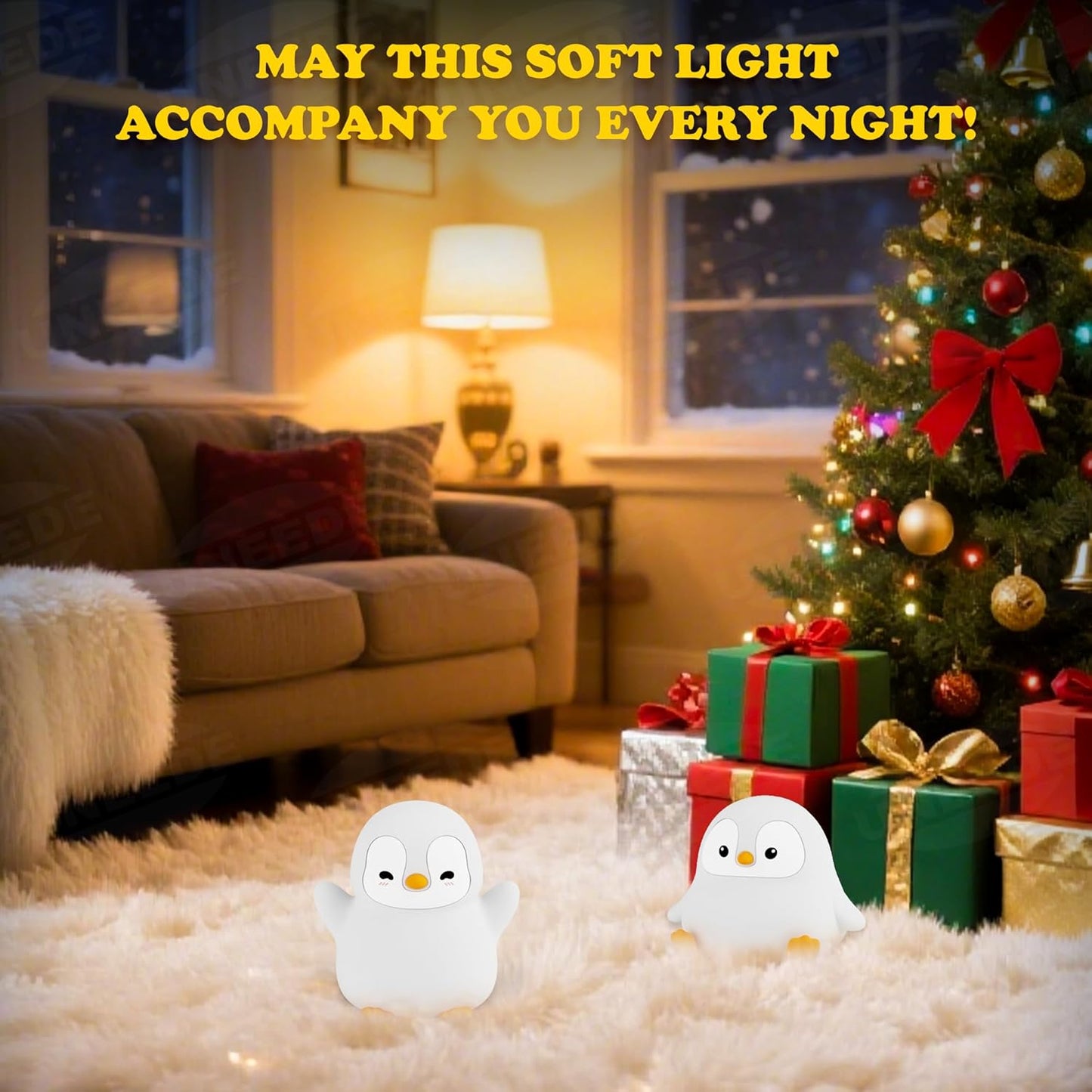 UNEEDE Standing Penguin Night Light with Detachable Bunny Hat - Rechargeable Silicone Touch Lamp, 2-Level Dimmable, 20-Min Timer, Nursery Decor for Kids & Holiday Gifts