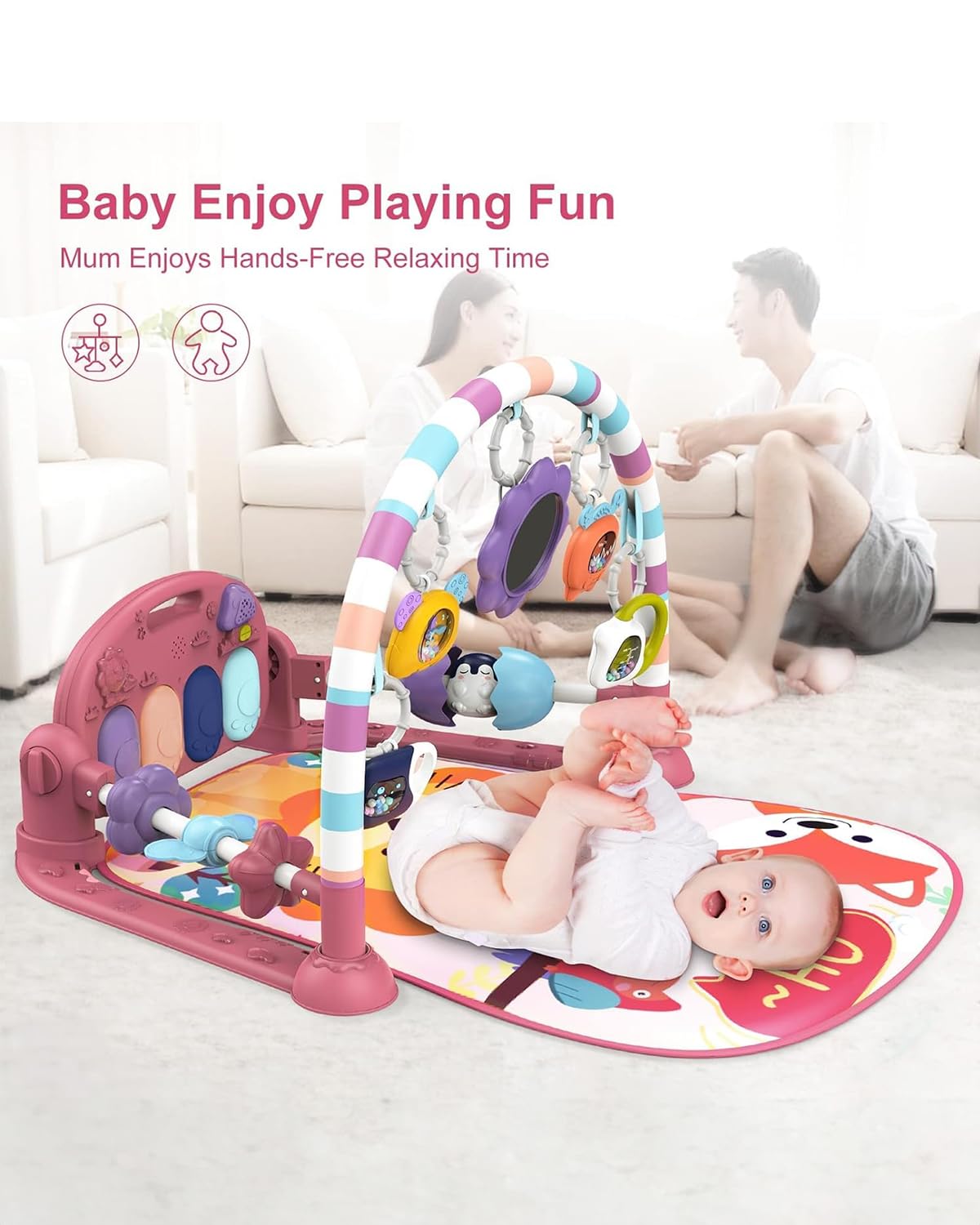 dearlomum Baby Play Mat Gym,Funny Play Piano Tummy Time Baby Activity Mat with 5 Infant Sensory Toys & 4 Wrist Rattle Socks, Boy & Girl Gifts for Newborn 0 to 3 6 9 12 Months(Pink)