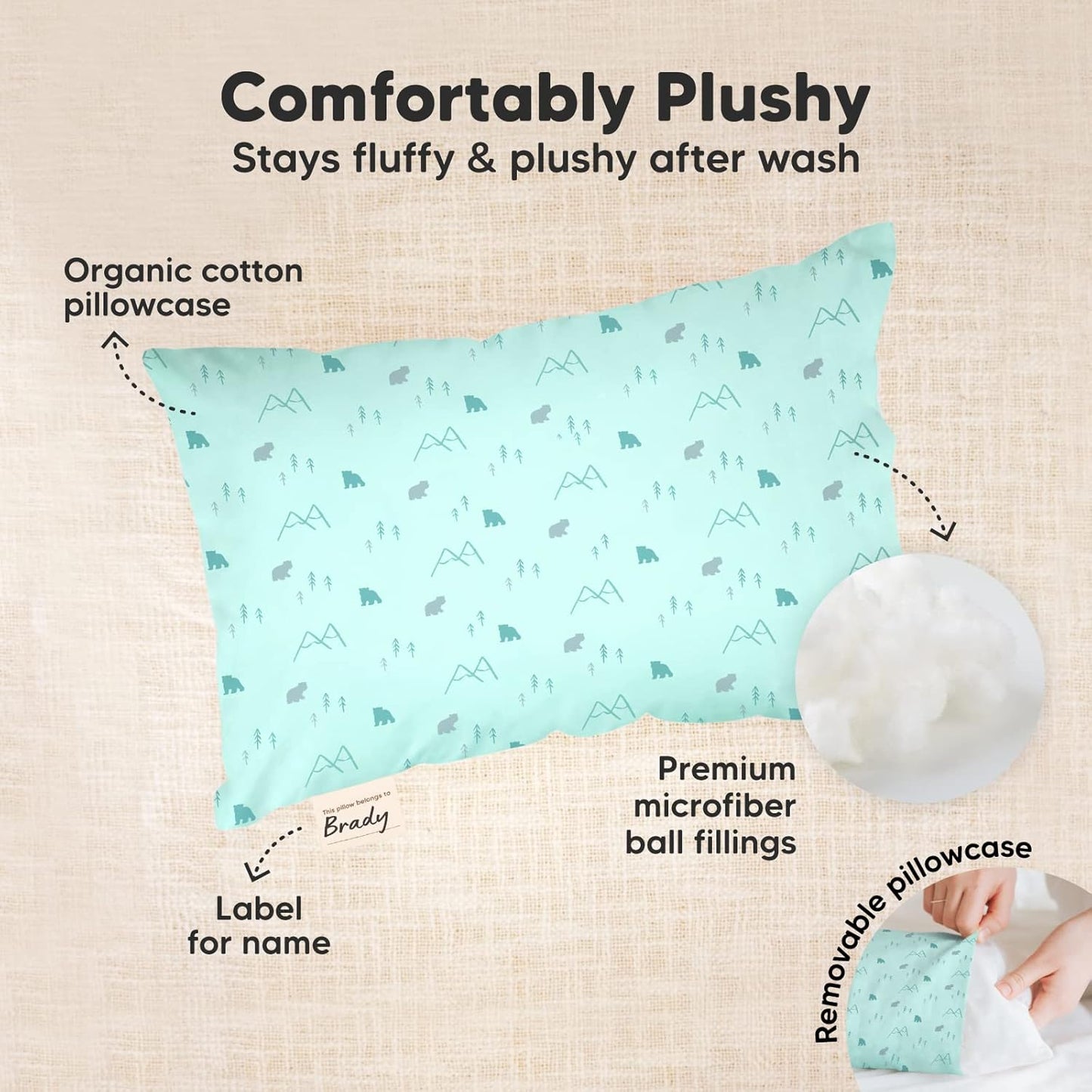 Mini Toddler Pillow with Pillowcase - 9x13 My Little Dreamy Travel Kids Pillow for Sleeping, Toddler Bed, Small, Tiny, Organic Cotton Pillowcase, Soft & Breathable, Kids 2-4 Years Old (Polar)