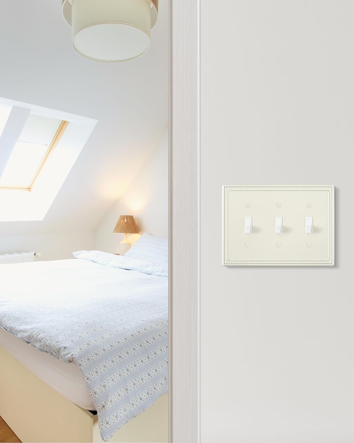 2-Pack Triple Toggle Light Switch Cover Plate, Pearls Decorative Switch Plate Covers, Light Almond 3 Gang Metal Wall Plate, Corrosion Resistant