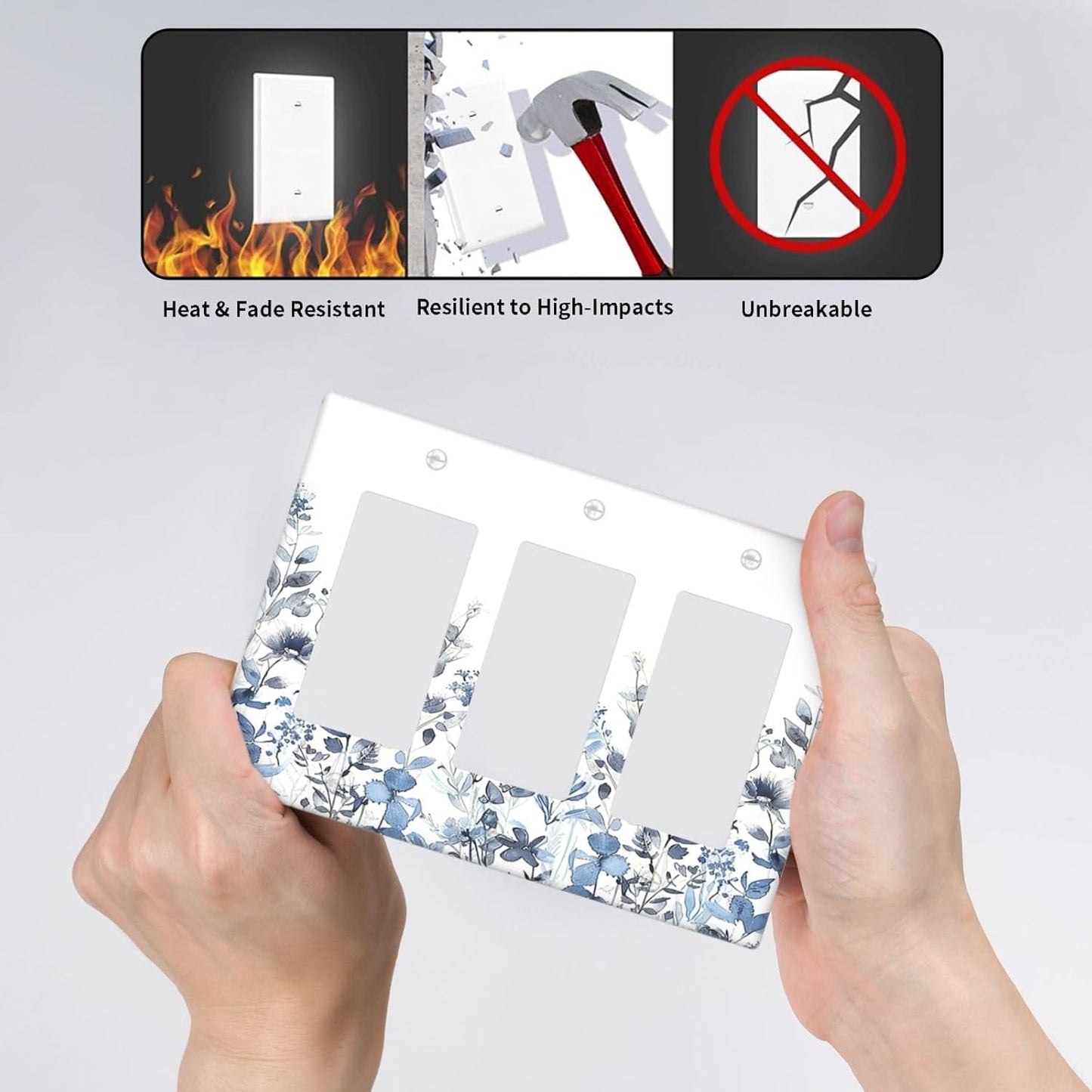 Light Switch Covers Light Blue Watercolor Leaves Plant With Floral 3 Gang Rocker Electrical GFCI Decorative Triple Outlet Wall Plate Cover Switchplate for Bedroom Bathroom Decor