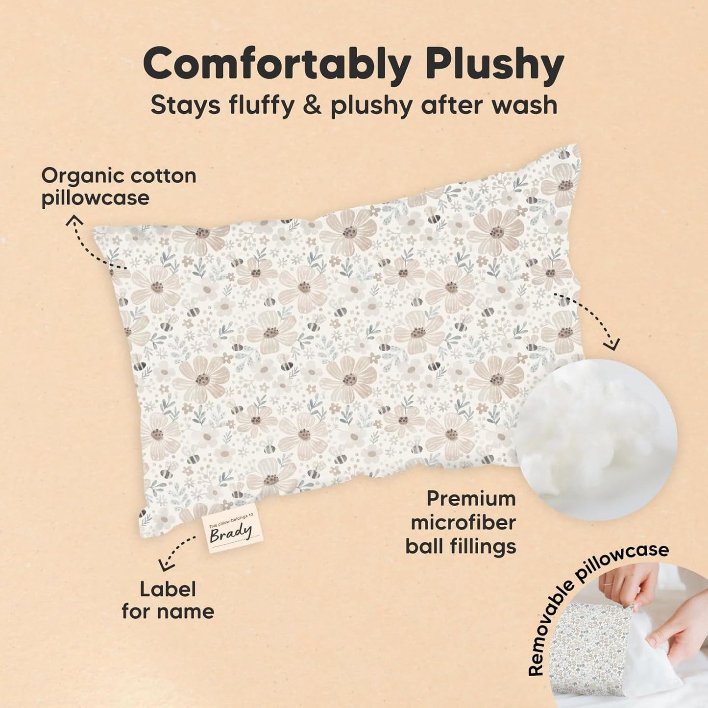 Mini Toddler Pillow with Pillowcase - 9x13 My Little Dreamy Travel Kids Pillow for Sleeping, Toddler Bed, Small, Tiny, Organic Cotton Pillowcase, Soft & Breathable, Kids 2-4 Years Old (Flora Vale)