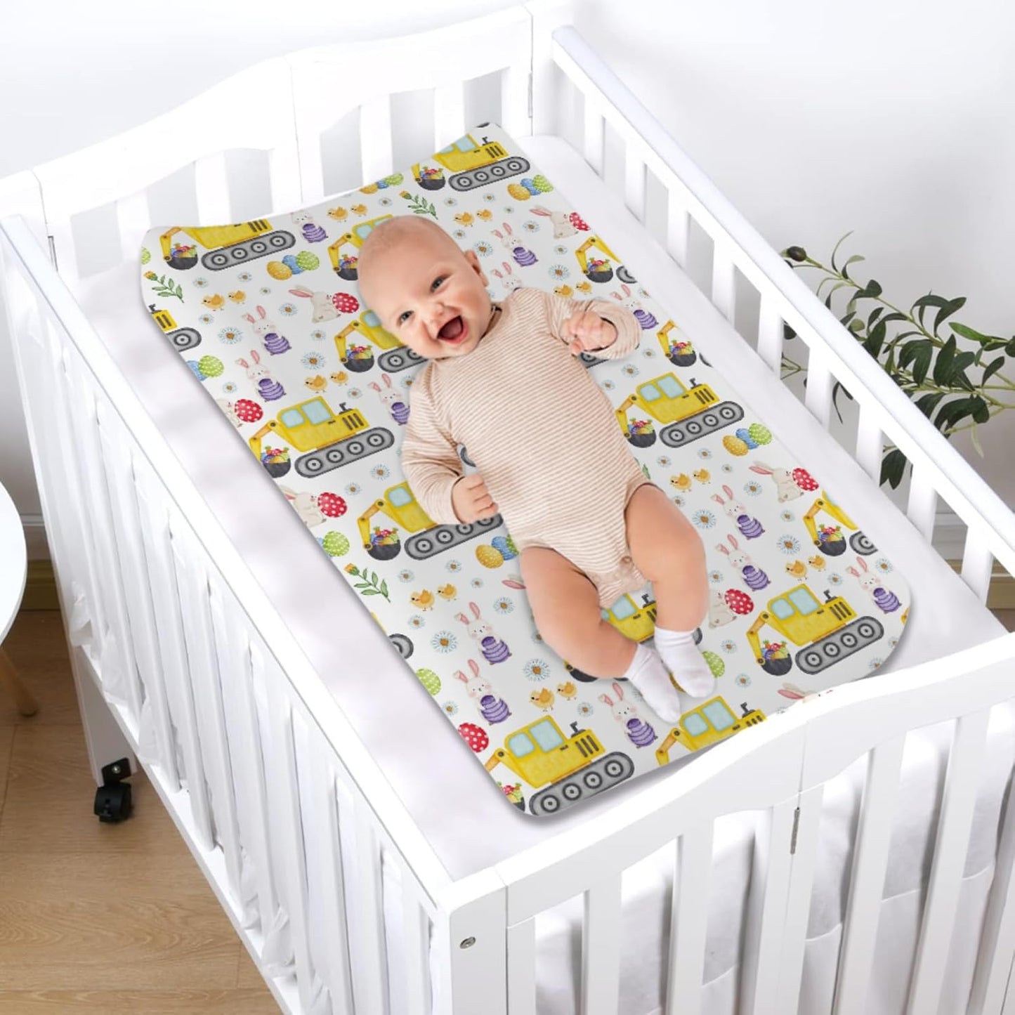 Easter Construction Trucks Changing Pad Cover Colorful Bunny Eggs Chicks Spring Floral Unisex Diaper Change Table Sheets for Boy Girl Soft Breathable Stretch Fitted Changing Pad Table Mats 32''x16''
