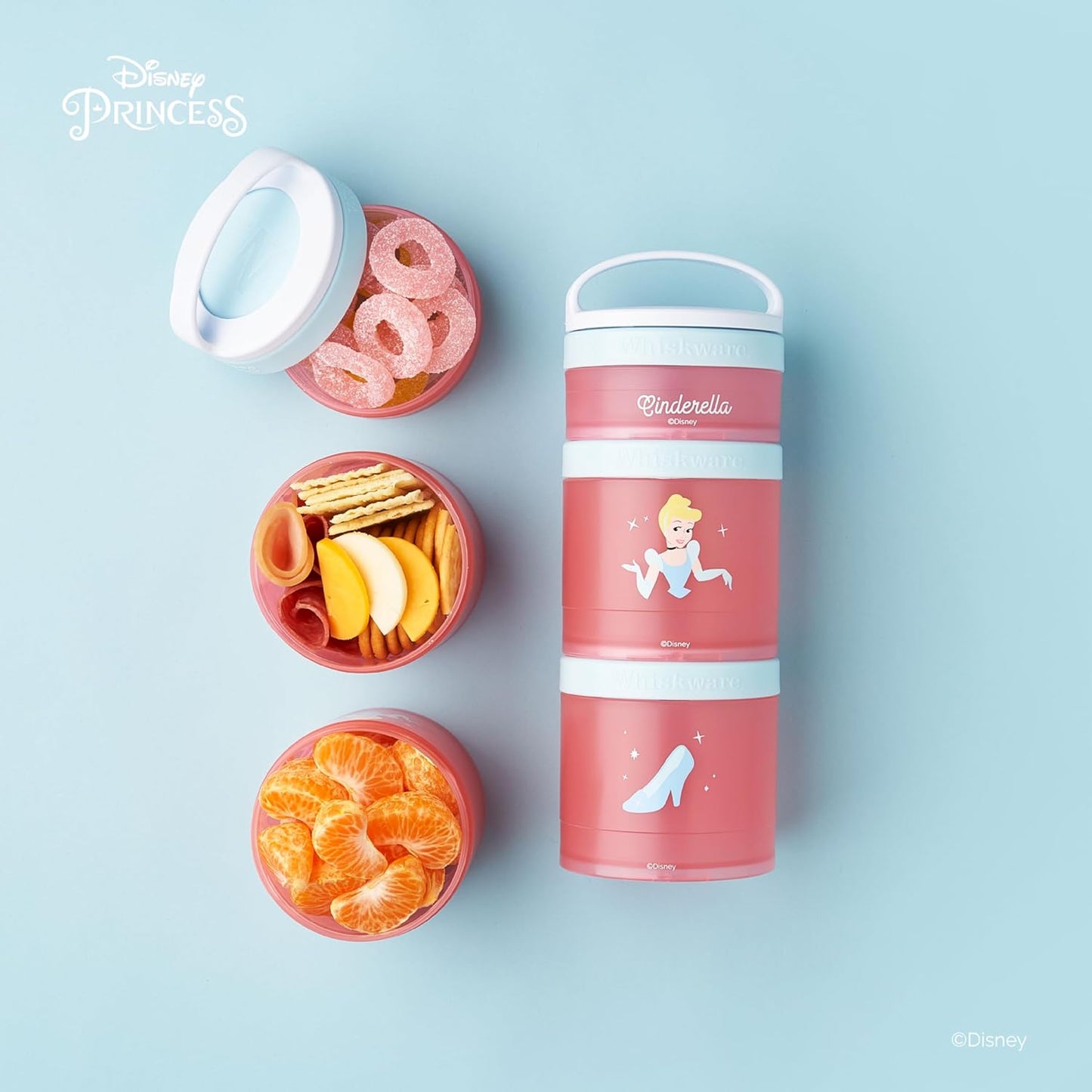 Whiskware Disney Princess Cinderella, Stackable Snack Containers for Kids, 3 Stackable Snack Cups for School or Travel, Backpack and Cupholder Friendly, Glass Slipper