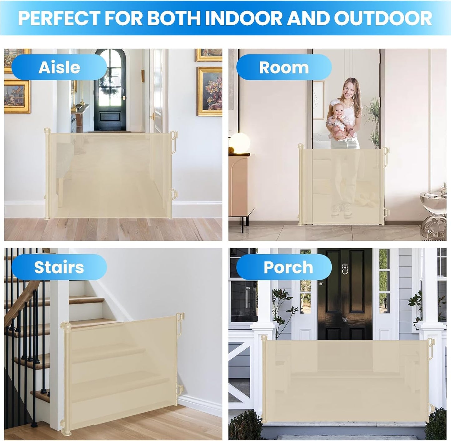 Retractable Safety Baby Gate or Mesh Dog Gate,Durable Portable Mesh Retractable Gate,Easy to Use for Stairs, Doorways, Hallways, Indoor, Outdoor, 33.5" Tall, Up to 65" Wide, Cream