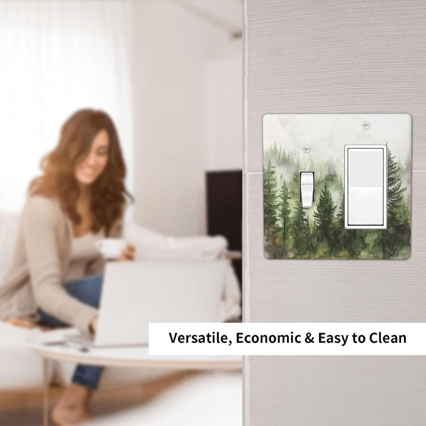 Outlet Covers Green Forest Watercolor Painting Foggy Pine 1 Toggle 1 Rocker Combination Decorative Wall Plate Electrical Switch Plates Light Switch Cover Plate for Bedroom living Room