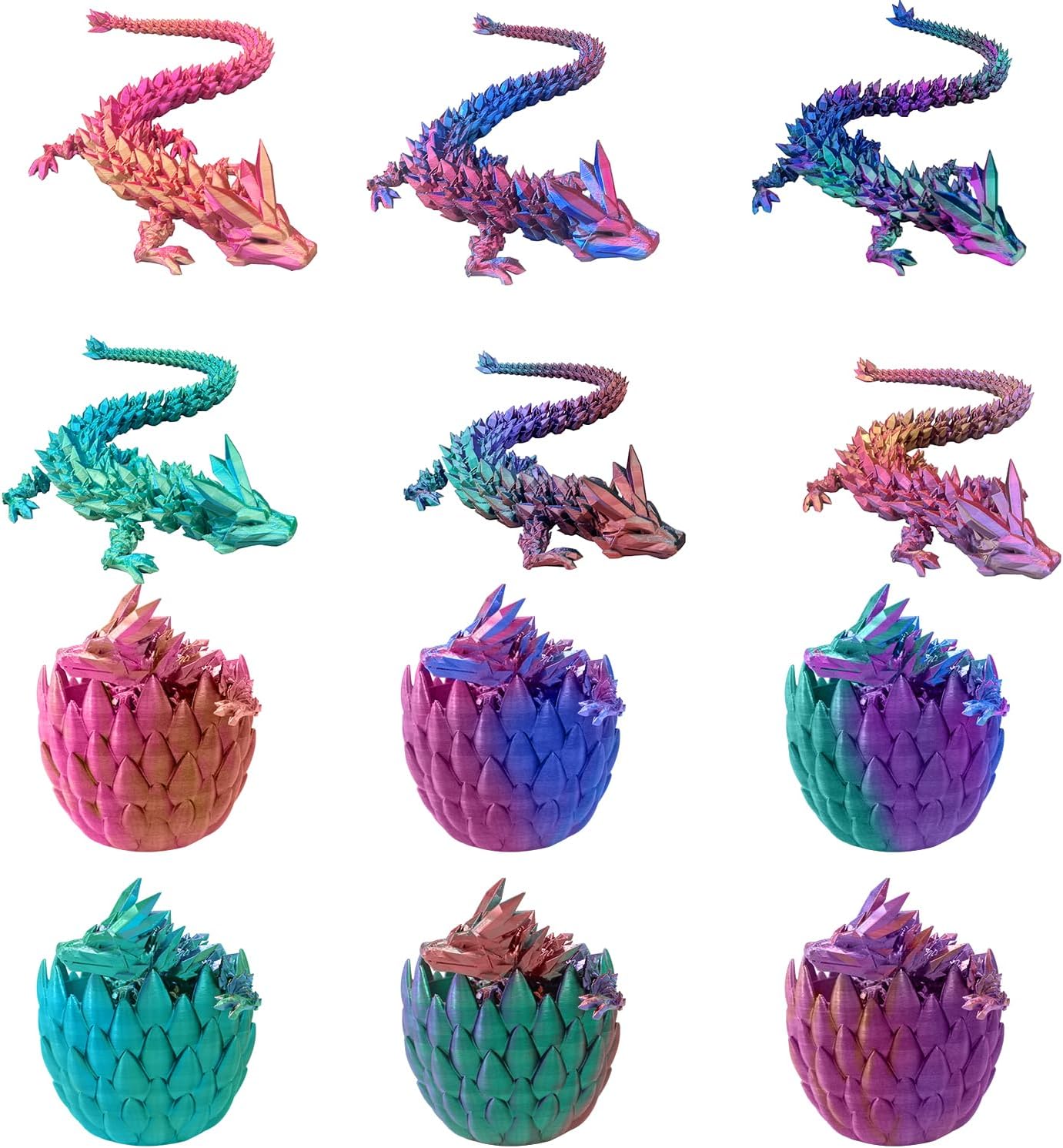 3D Printed Dragon with Dragon Egg 16.5'' Articulated Dragon Crystal Dragon Fidget Dragon Egg Toys Executive Desk Toys (Green Purple Copper, Dragon & Egg)