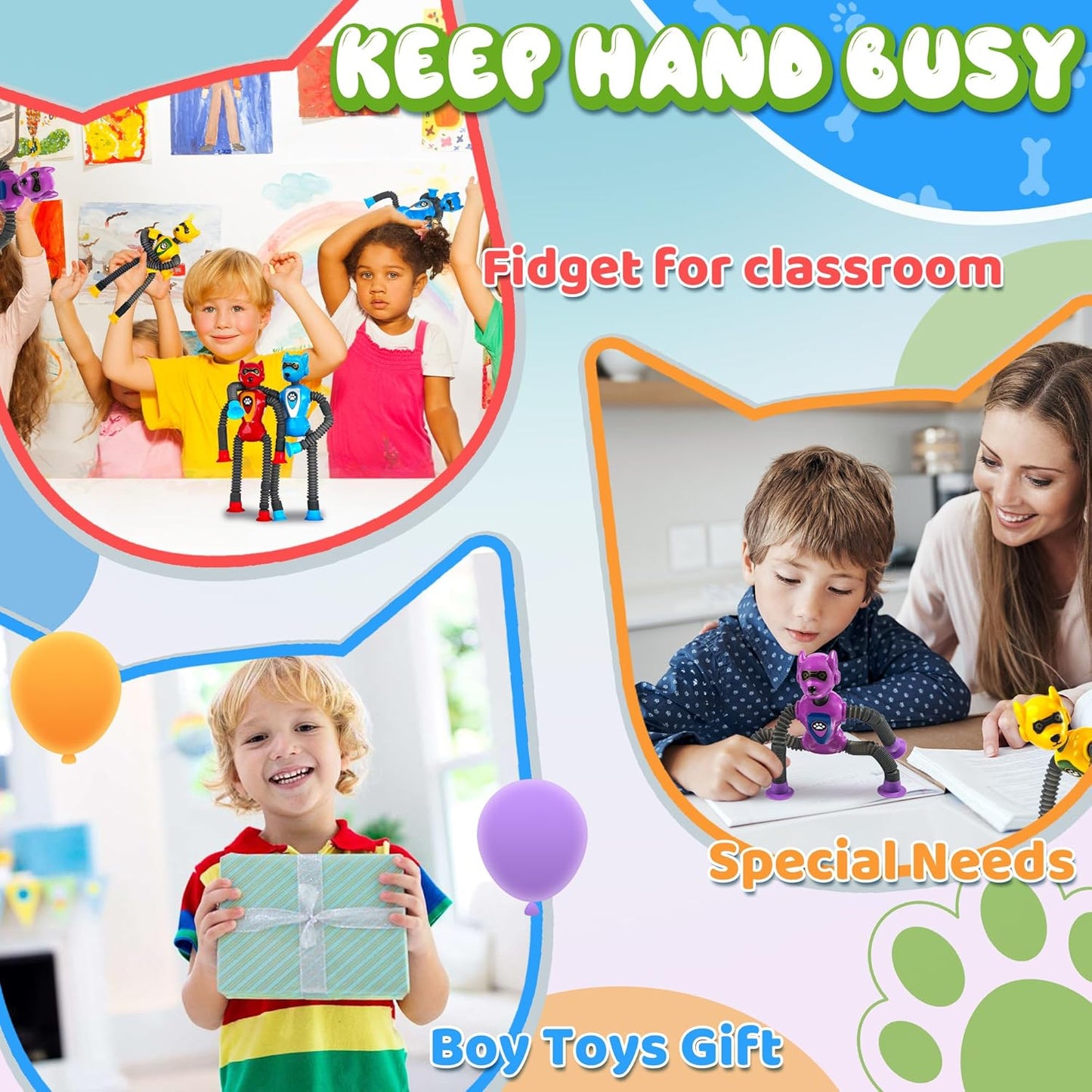 Cool Robot Dog Pop Tubes Sensory Fidgets Toddler Toy 4PC Travel Toys Airplane Car Activities Autistic Road Trip Toys Suction Tube for Kid Boy Year Old Ages 3 4 5 6 7 8 ADHD Autism Fidget Classroom