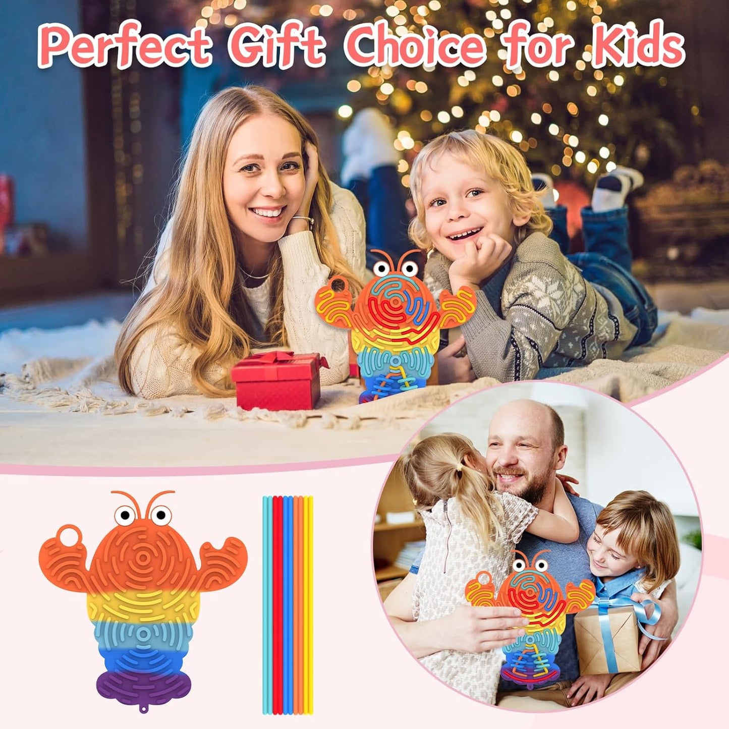 Silicone Sensory Activity Board,2 in 1 Busy Board for Fine Motor Skill, Montessori Fidget Toy for Calming, Stress, Anxiety, ADHD, Autism, Silent, No Mess, Kids 3+ & Adults (Colorful, Lobster)