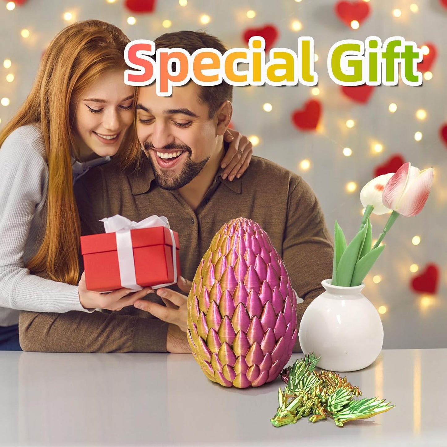 3D Printed Flying Dragon in Egg - 3 Colors Surprise Egg with Flexible Winged Dragon Inside, Mystery Beautiful Fidget Toy, Birthday Gift, Desk Figure Decor (Green Pink Gold)