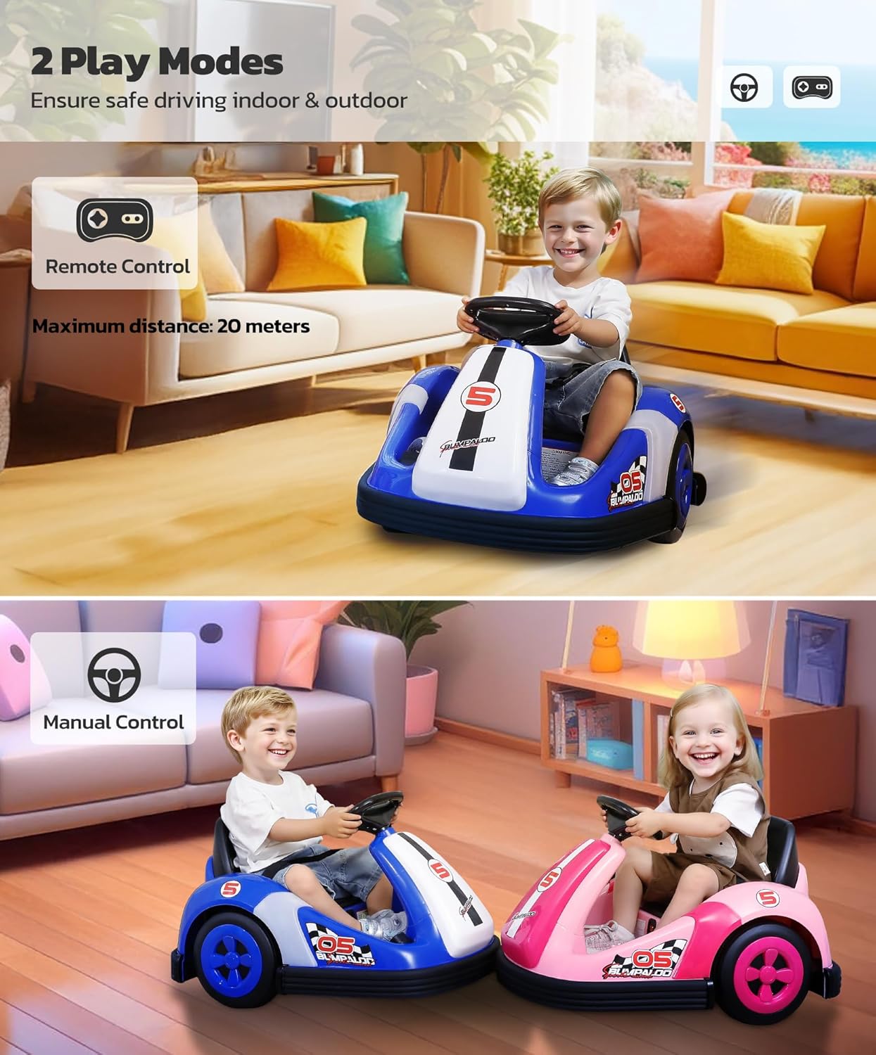 ELEMARA 12V Kids Bumper Car with Big Wheel, 2.2 Mph Max, Toddler Bumper Cars with Remote, Baby Bumping Toy Car with DIY Stickers,360 Degree-Spin, Music, Bluetooth,LED Lights, Blue