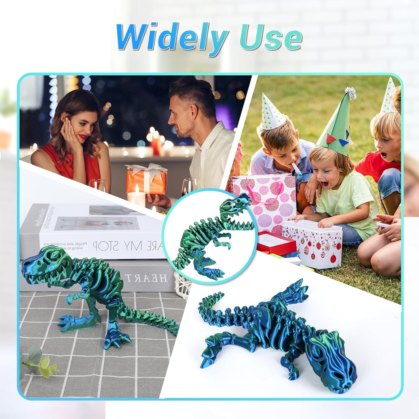 3D Printed Dinosaur Bone Skeleton Tyrannosaurus Rex with Movable Jaw Fidget Dinosaur Toys Full Articulated Dinosaur Executive Desk Toys Home Office Decor, Blue Mix Green