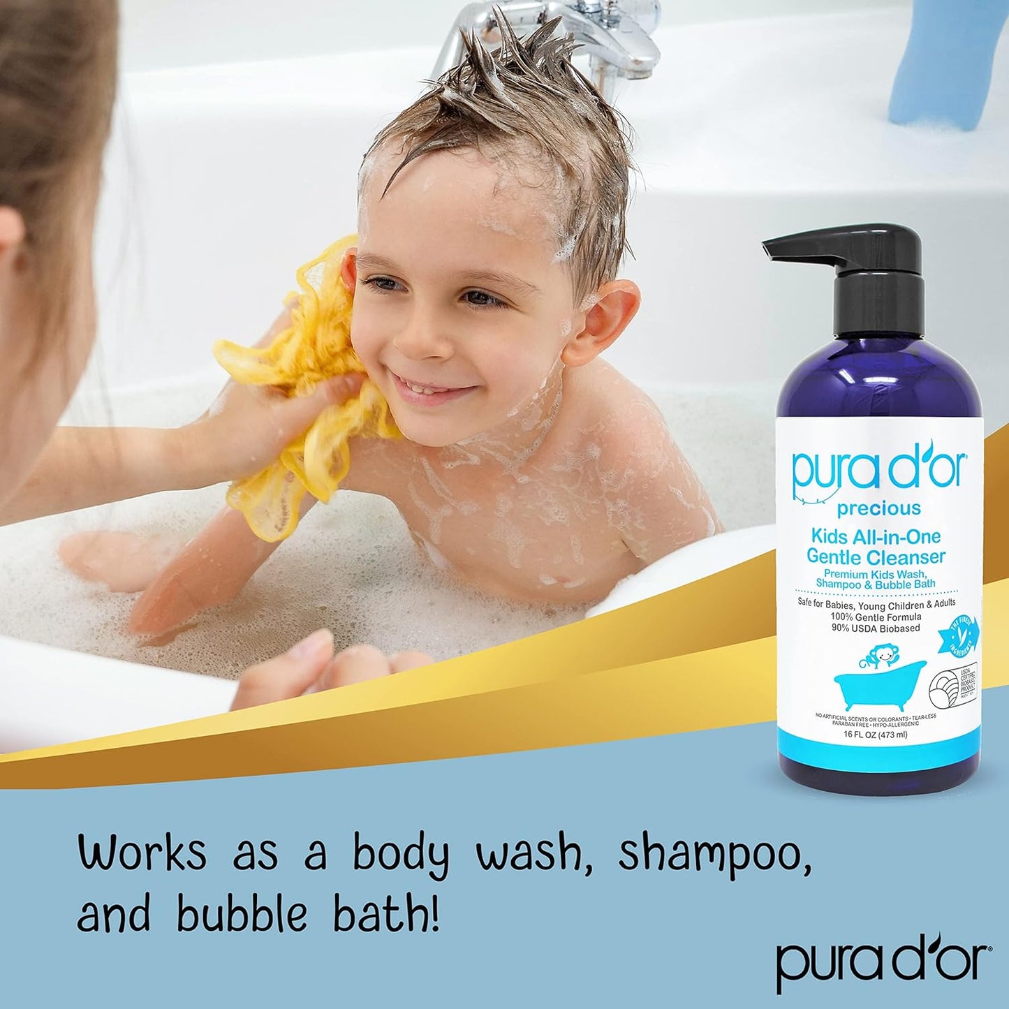 PURA D'OR Kids Wash (16oz x 3 = 48oz) All-in-One Gentle Cleanser - USDA Biobased, Sulfate-Free, Tear-Less, Hypoallergenic, Premium, Shampoo & Bubble Bath