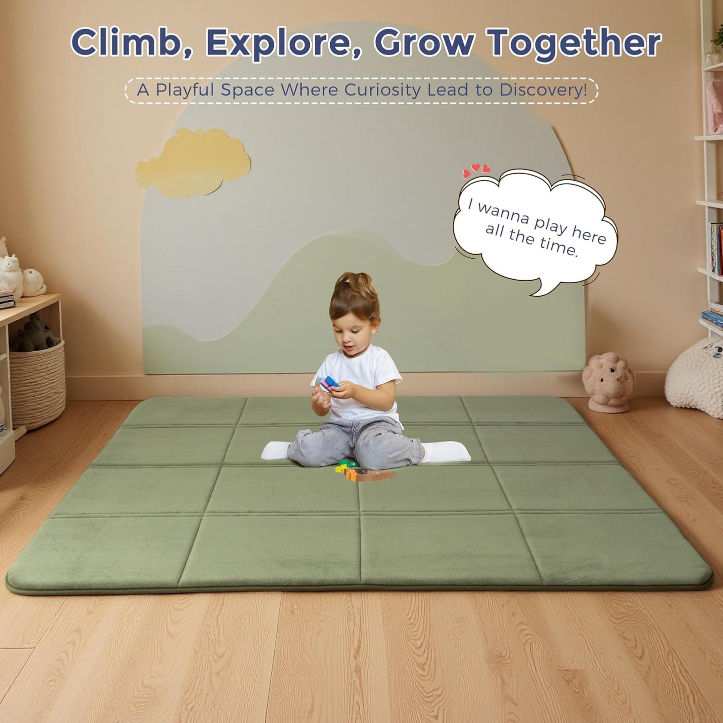 MAXYOYO 1.2" Thick Baby Play Mat for Floor, 59"x 78" Foldable Playpen Mat, Tummy Time Foam Mats Ultra Soft Support, Padded Carpet with Non-Slip Backing for Infant,Kids and Toddler Crawling, Green