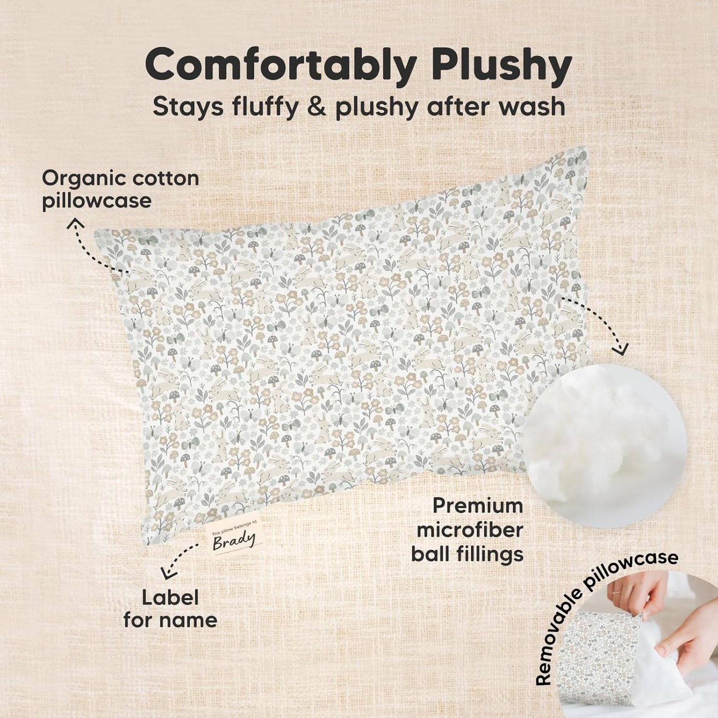 Mini Toddler Pillow with Pillowcase - 9x13 My Little Dreamy Travel Kids Pillow for Sleeping, Toddler Bed, Small, Tiny, Organic Cotton Pillowcase, Soft & Breathable, Kids 2-4 Years Old (Prairie)