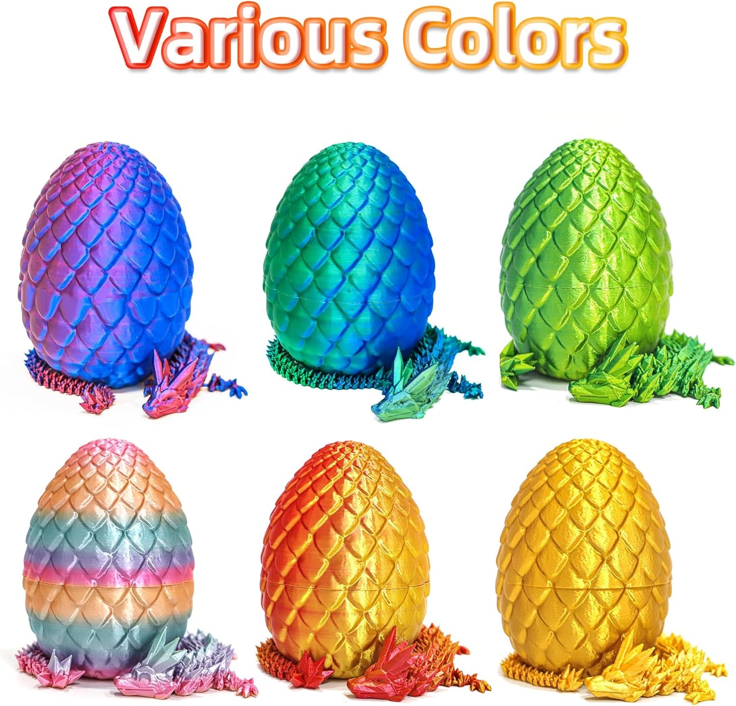 Dragon Egg - 3D Printed Egg with Flexible Pearly Sheen Dragon Inside, 3D Printed Surprise Gift, Articulated Dragon Egg Fidget Toy, Decor (12” Dragon,Red Mix Gold)