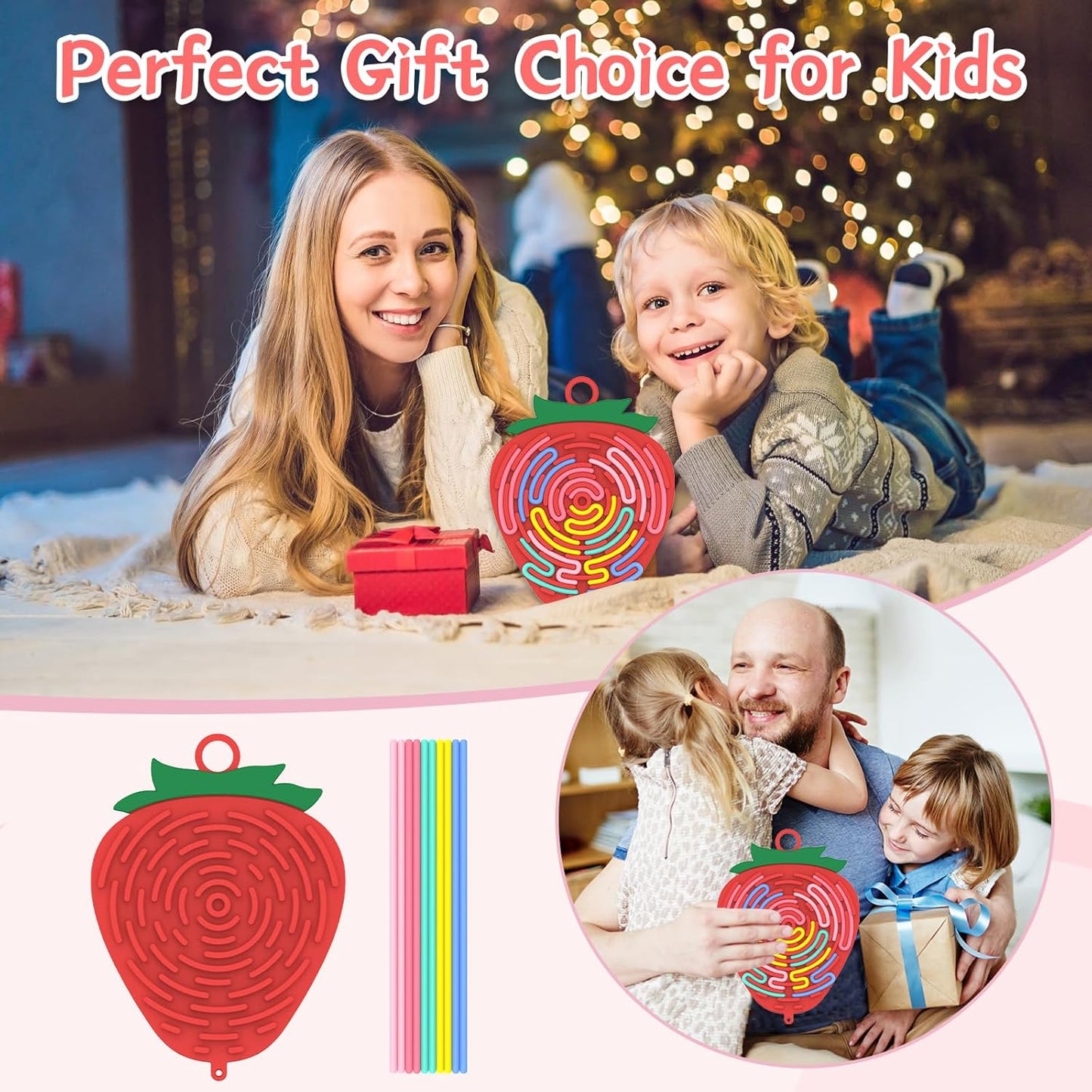 Silicone Sensory Activity Board,2 in 1 Busy Board for Fine Motor Skill, Montessori Fidget Toy for Calming, Stress, Anxiety, ADHD , Autism , Silent, No Mess , Kids 3+ & Adults (Red, Strawberry)