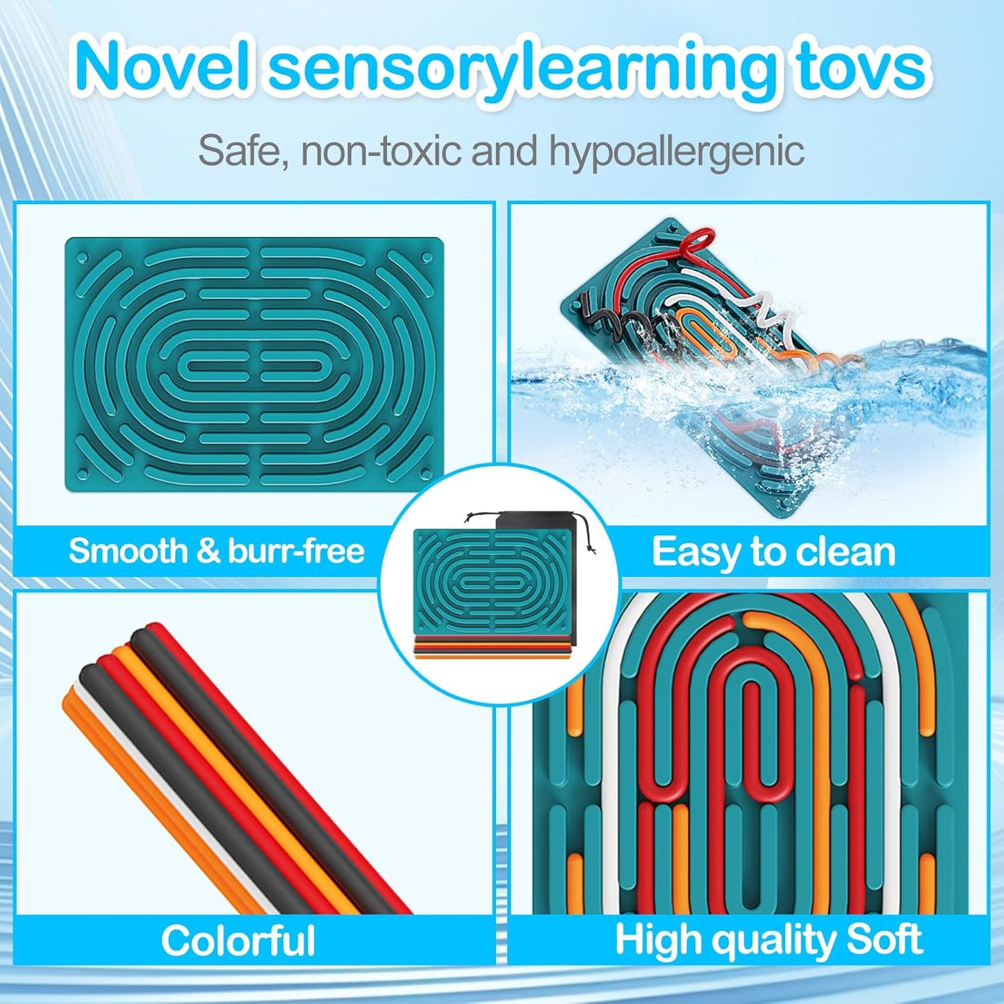 Sensory Activity Board,Sensory Toys for Kids with Autism ADHD,Kids 3+ & Adults Activities for Travel,Silicone Fidget Toy for Calming, Anxiety with Portable Travel Bag & 12 Strings(Blue)