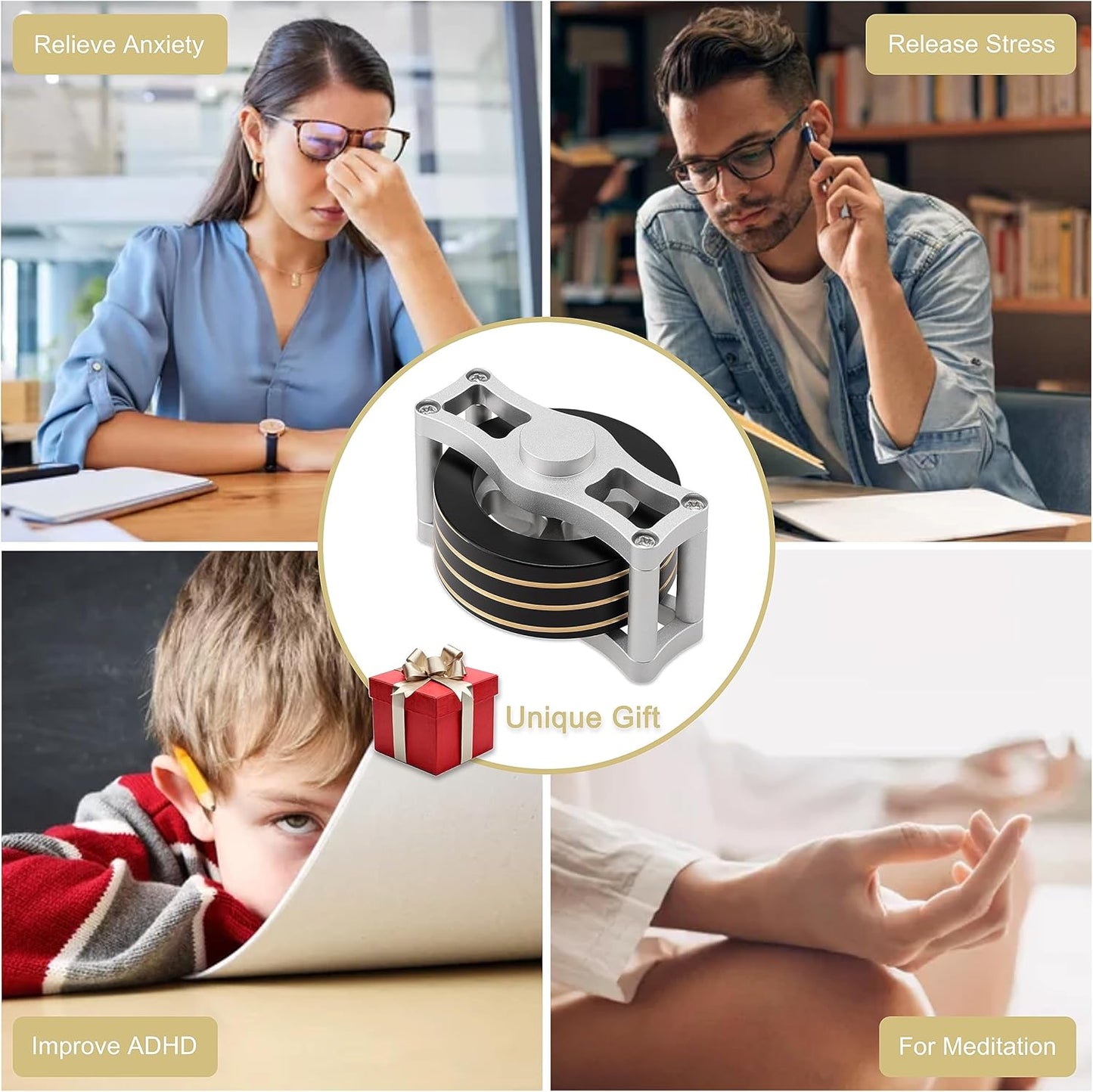 Brass Kinetic Spinning Top, Desk Fidget Toy for Adults, Stress Relief Toy for Office, Black