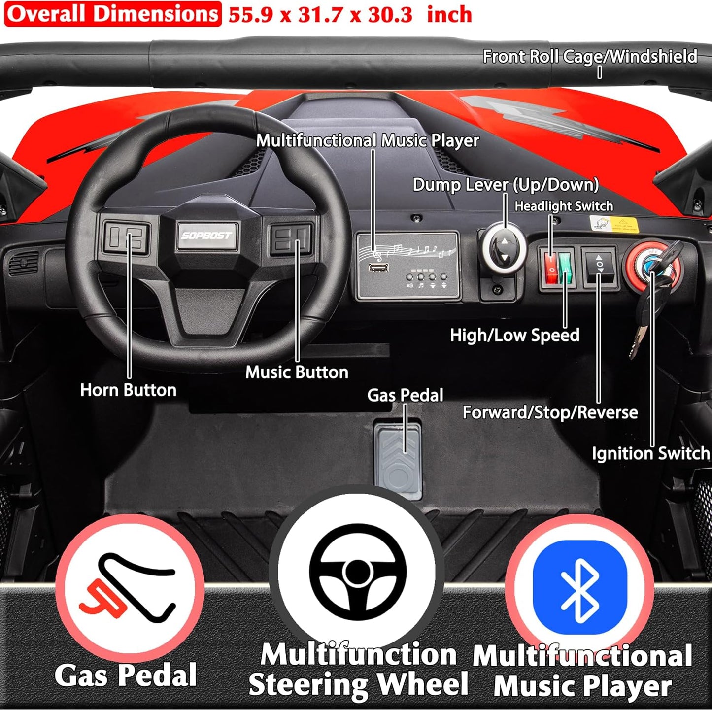 sopbost 24V 10Ah Ride On Toys for Big Kids to Drive 2 Seater Ride On Car with Remote Control Battery Powered Side by Side UTV with Large Dump Bed, 4x75W Motors, Red & Black