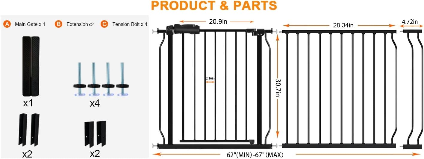 HOOEN 30" Tall Extra Wide Baby Gate for Doorways Stairs 62 to 67 Inch Large Long Pressure Monuted Dog Gate Black Tension Baby Gate Walk Through Safety Gate for Kids or Pets