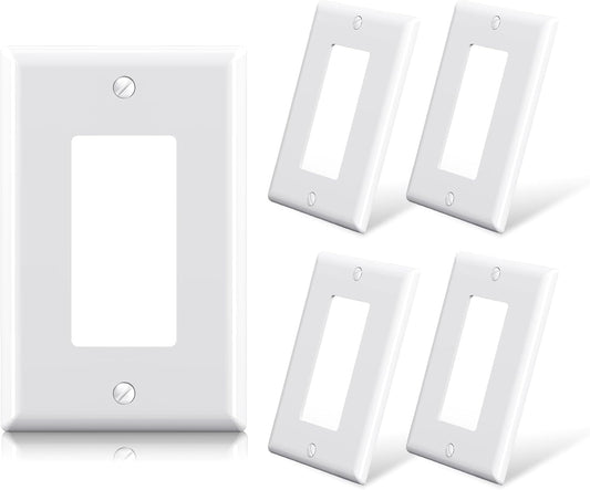 ELEGRP Decorative Receptacle Wall Plate, 1-Gang Mid Size Decorator Covers, Unbreakable Polycarbonate Faceplates for Decorator Device, UL Listed, Screws Included (5 Pack, Glossy White)