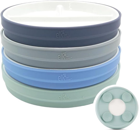 Elk and Friends Kids 7.8” Porcelain Divided Plates with Silicone Suction Sleeves | Suitable for Kids/Toddlers | Microwave & Dishwasher Safe | Non Slip | Snack Dishes | 4 Pack