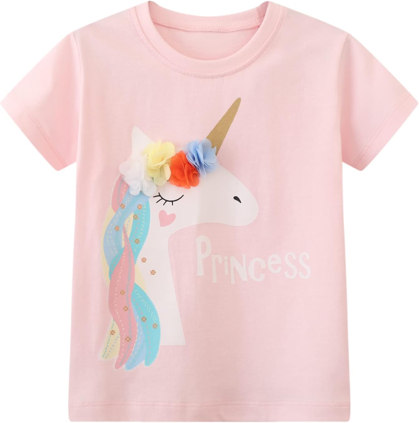 HILEELANG Girls' Tees Ruffle Short Sleeve T-Shirt Cotton Casual Graphic Summer Crewneck Tunic Tops