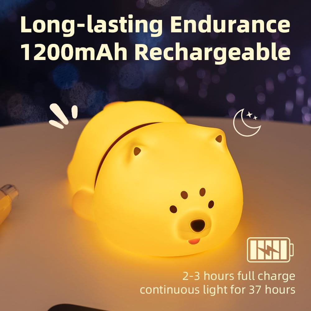 Cute Puppy Night Light for Baby Kids - Rechargeable Touch Control Night Light with 3 Brightness, Warm Light, Timer & Soft Silicone - Nursery Bedroom