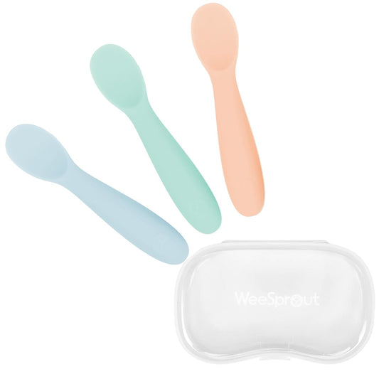 WeeSprout Baby Spoons for Self Feeding 6 Months +, Soft & Durable Silicone Utensils for Sensitive Gums & Teeth, Easy Grip Handles & Shorter Length for Little Hands, 3 Pack + Carrying Case