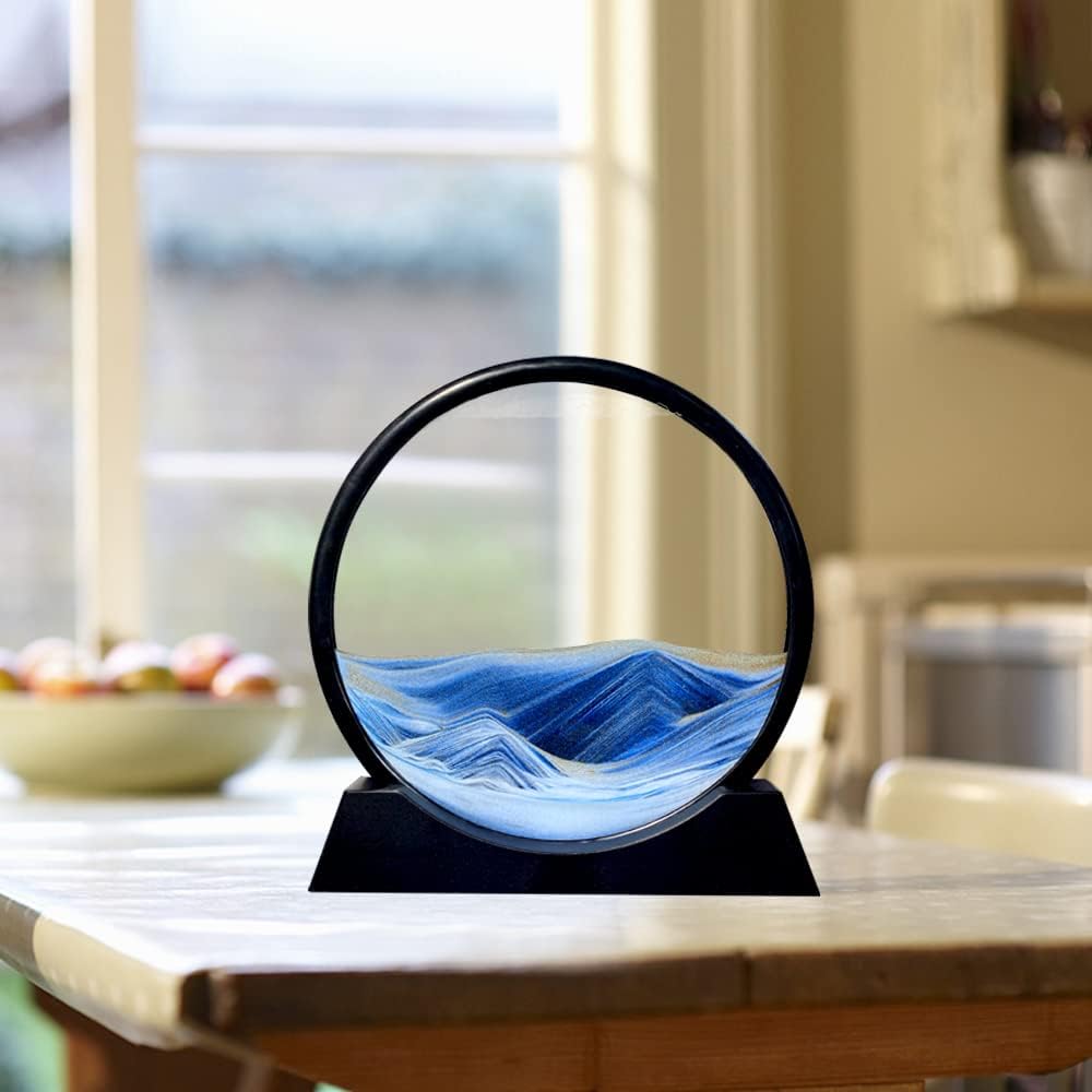 Aoderun Moving Sand Art Picture Round Glass 3D Deep Sea Sandscape in Motion Display Flowing Sand Frame Relaxing Desktop Home Office Work Decor (12", Blue)