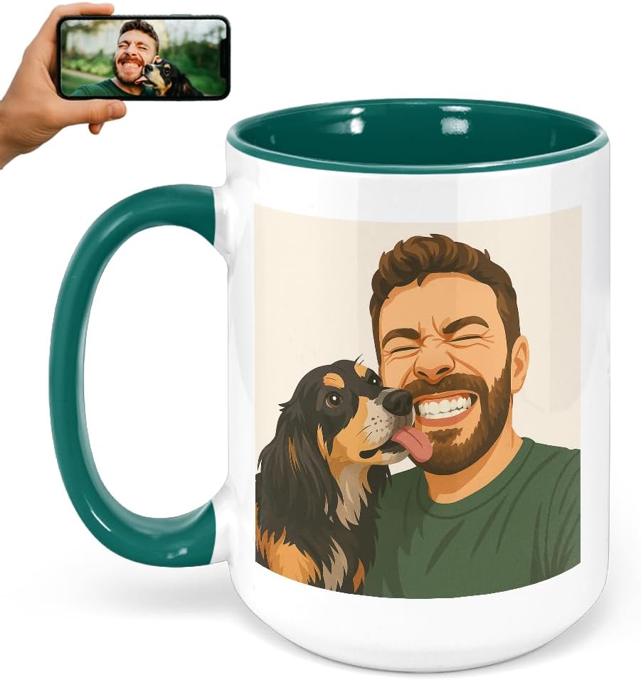 Personalized Coffee Mug, Custom Drawing Portrait Gift, Funny Customized Coffee Gift for Men & Women, Custom Mugs with Pictures, Green 15oz Customized Ceramic Tea Cup