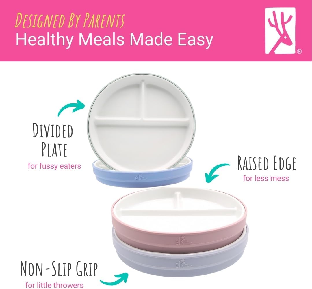 Elk and Friends Kids 7.8” Porcelain White Plates with Silicone Sleeves | Divided Plates | Suitable for Kids/Toddlers | Microwave & Dishwasher Safe | Non Slip | Snack Dishes