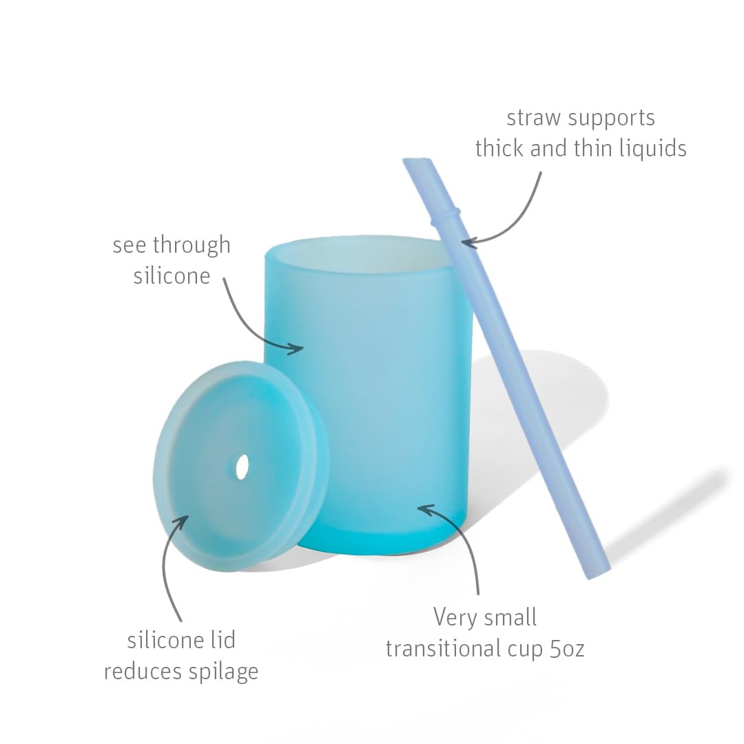 Avanchy Silicone Training Sippy Cup with Straw Lid – Tiny Cup for Babies 6+ Months to Toddlers 1 Year Old – 5 oz Infant Water Cup for Baby Led Weaning, See-Thru Blue