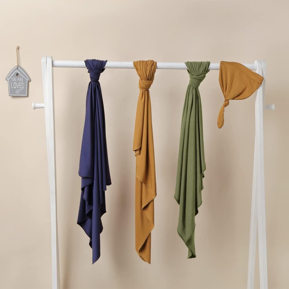 iEvolve Cotton Knitted Baby Swaddle Blanket with Hat Headband Set Newborn Swaddle Wrap Receiving Blankets for Baby Girl Boy 45" x 45"(Sapphire Blue)