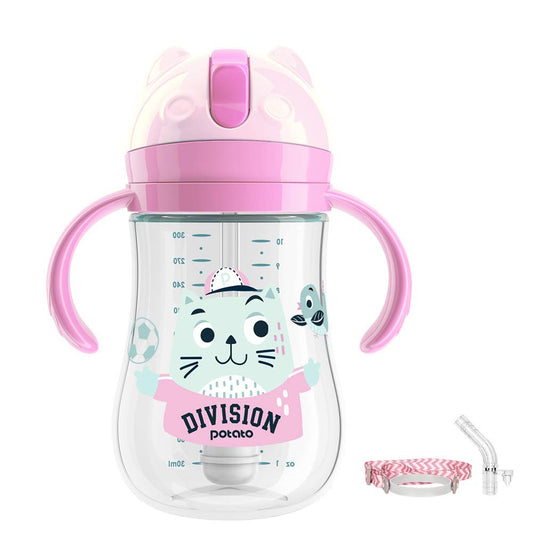 POTATO Toddler Cups Spill Proof Sippy Cup with Handles and Strap, Straw Cups for babies, 240ML/8oz, Pink