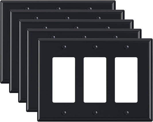 ELEGRP 3-Gang Decorative Wall Plates, Mid-Size 4.88" H x 6.75" L Unbreakable Thermoplastic Faceplate Cover for Decorator Receptacle Outlet Switch, UL Listed (5 Pack, Glossy Black)