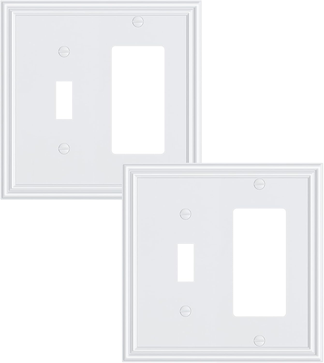 2-Pack Combo Toggle/Decorator Light Switch Cover Plate, Pure White Decorative Electrical Outlet Covers, Durable Solid Zinc Alloy Wall Switch Plates and Outlet Covers