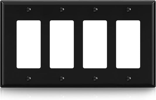 ELEGRP 4-Gang Decorative Wall Plates, Mid-Size 4.88" H x 8.57" L Unbreakable Thermoplastic Faceplate Cover for Decorator Receptacle Outlet Switch, UL Listed (1 Pack, Glossy Black)