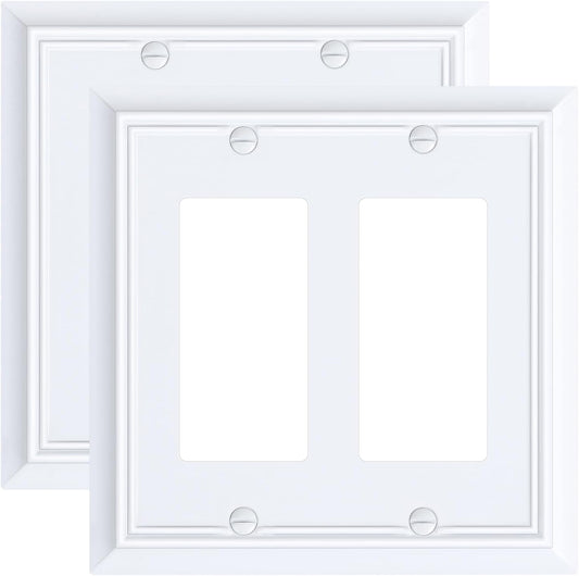 2-Pack Decorative Double Decorator Outlet Cover Plate, Pure White Durable Natural Bamboo Fiber Wall Plates for Electrical Outlets, Receptacle, GFCI Outlet, Dimmer Switch, 2-Gang, Corrosion Resistant